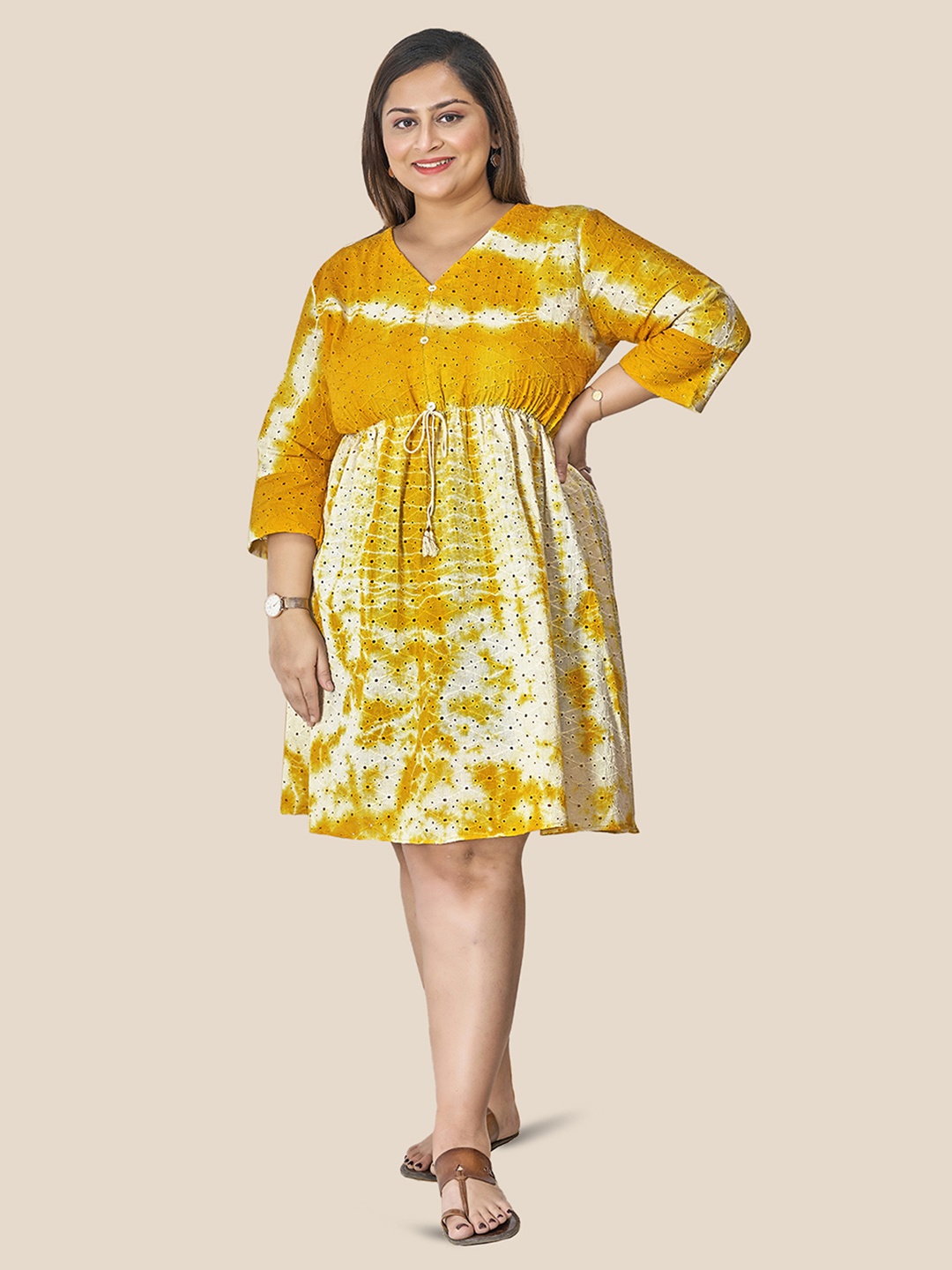 

Curvy Lane Plus Size Dyed V-Neck Cotton Fit & Flare Dress, Yellow