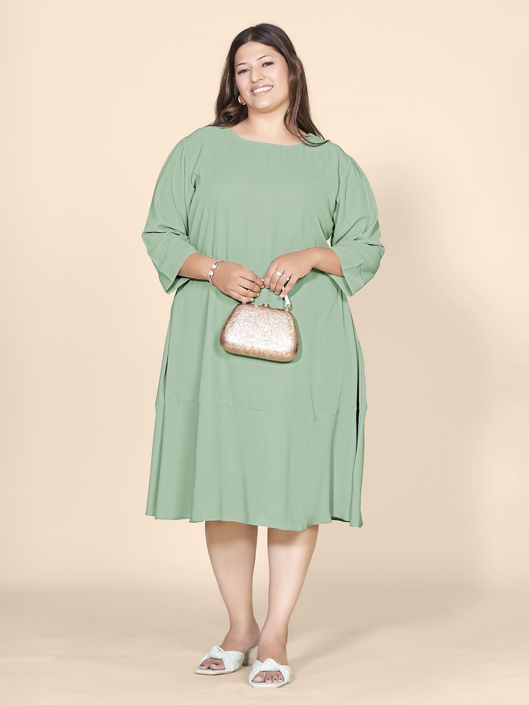 

Curvy Lane Plus Size Round Neck long sleeves Gathered or Pleated A-Line Dress, Green