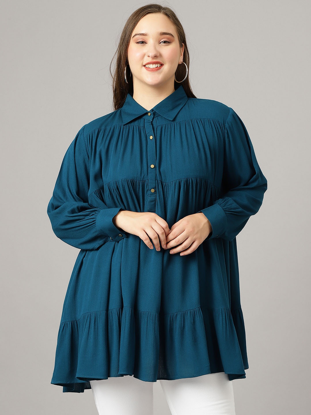 

Curvy Lane Plus Size Shirt Collar A Line Top, Green