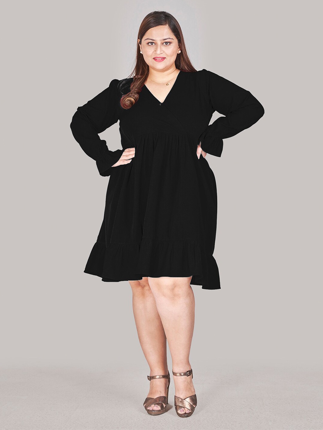 

Curvy Lane Plus Size Bell Sleeves Gathered A Line Dress, Black