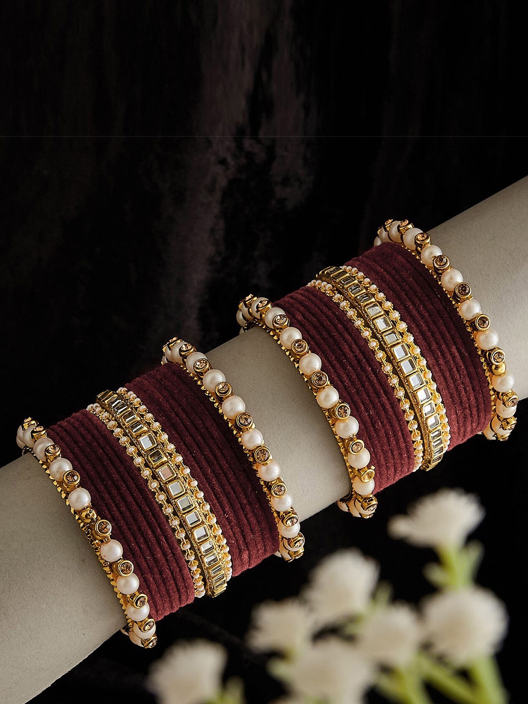 

ATIBELLE Set Of 34 Copper Plated Velvet Textured & Kundan Studded Bangles, Maroon