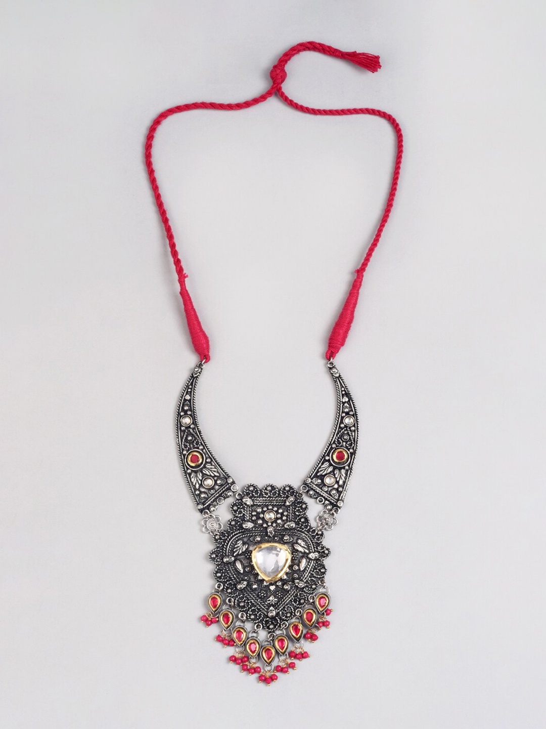 

phuljhadi Silver-Plated Stone-Studded & Beaded Oxidised Necklace