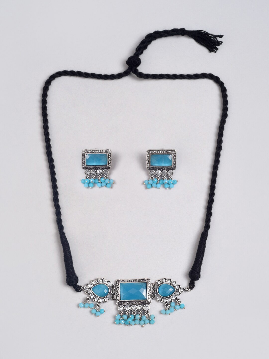

phuljhadi Silver-Plated Stone Studded & Beaded Oxidised Jewellery Set