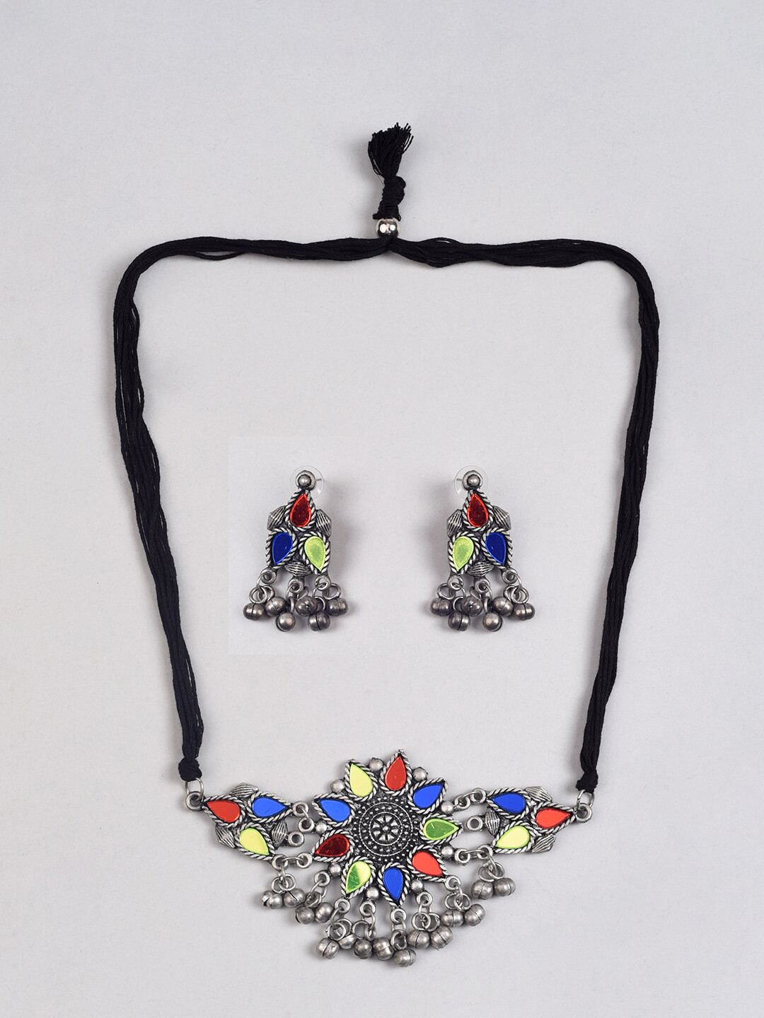 

Phuljhadi Silver-Plated Acrylic Mirror-Studded Choker Necklace & Earrings