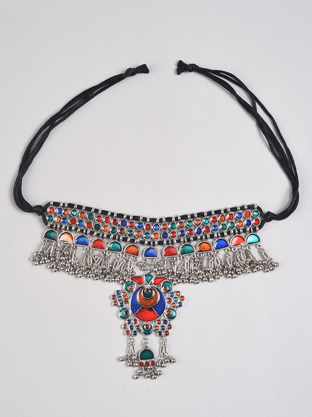

phuljhadi Silver-Plated Meenakari Enamalled Oxidised Choker Necklace