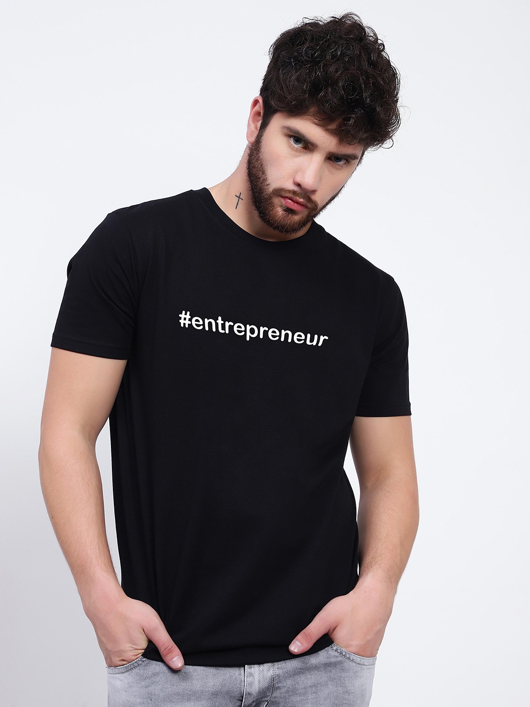 T-SHIRT TRUCK Typography Printed Casual Cotton T-shirt, Black