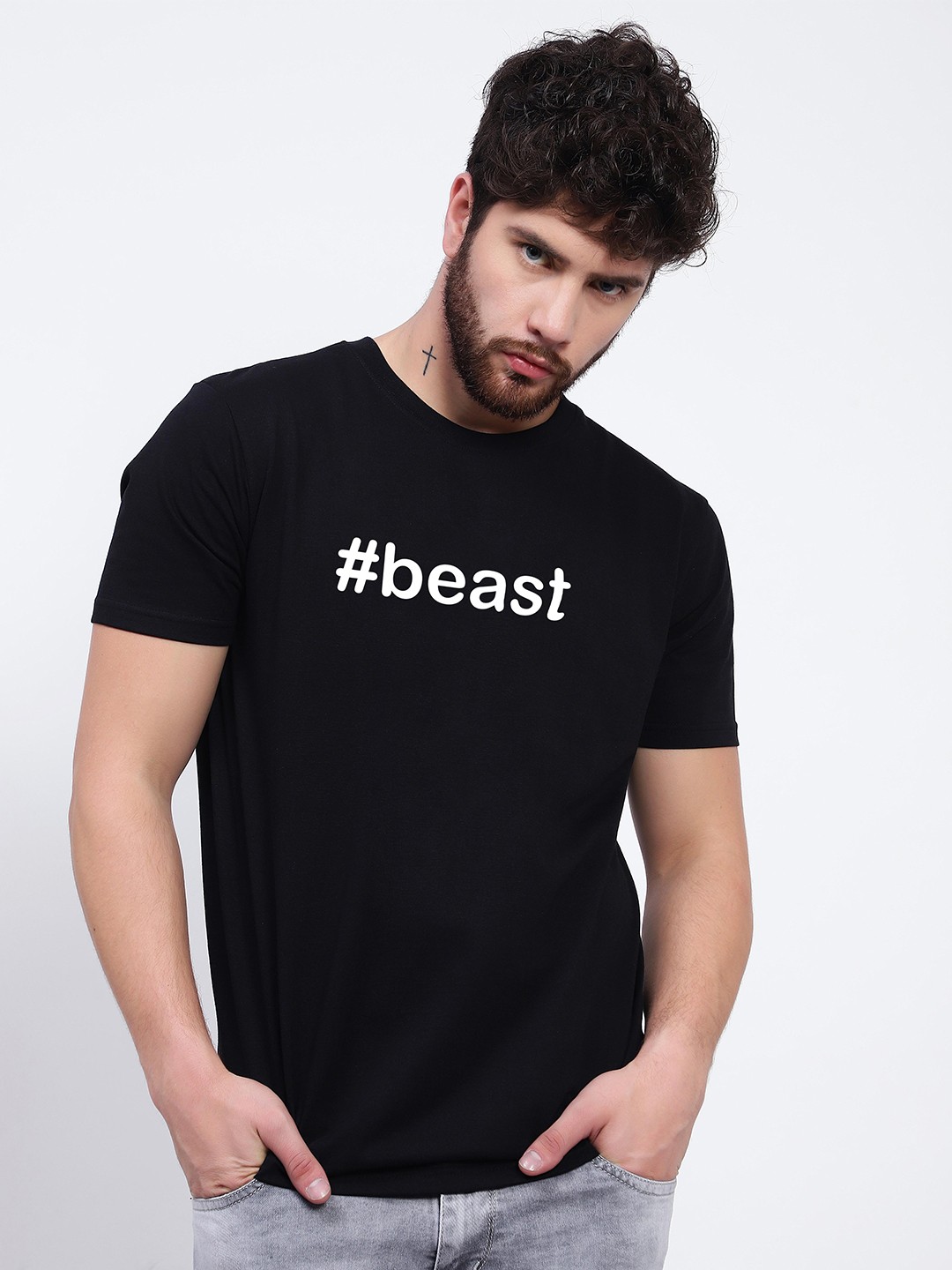 

T-SHIRT TRUCK Typography Printed Round Neck Cotton T-Shirt, Black