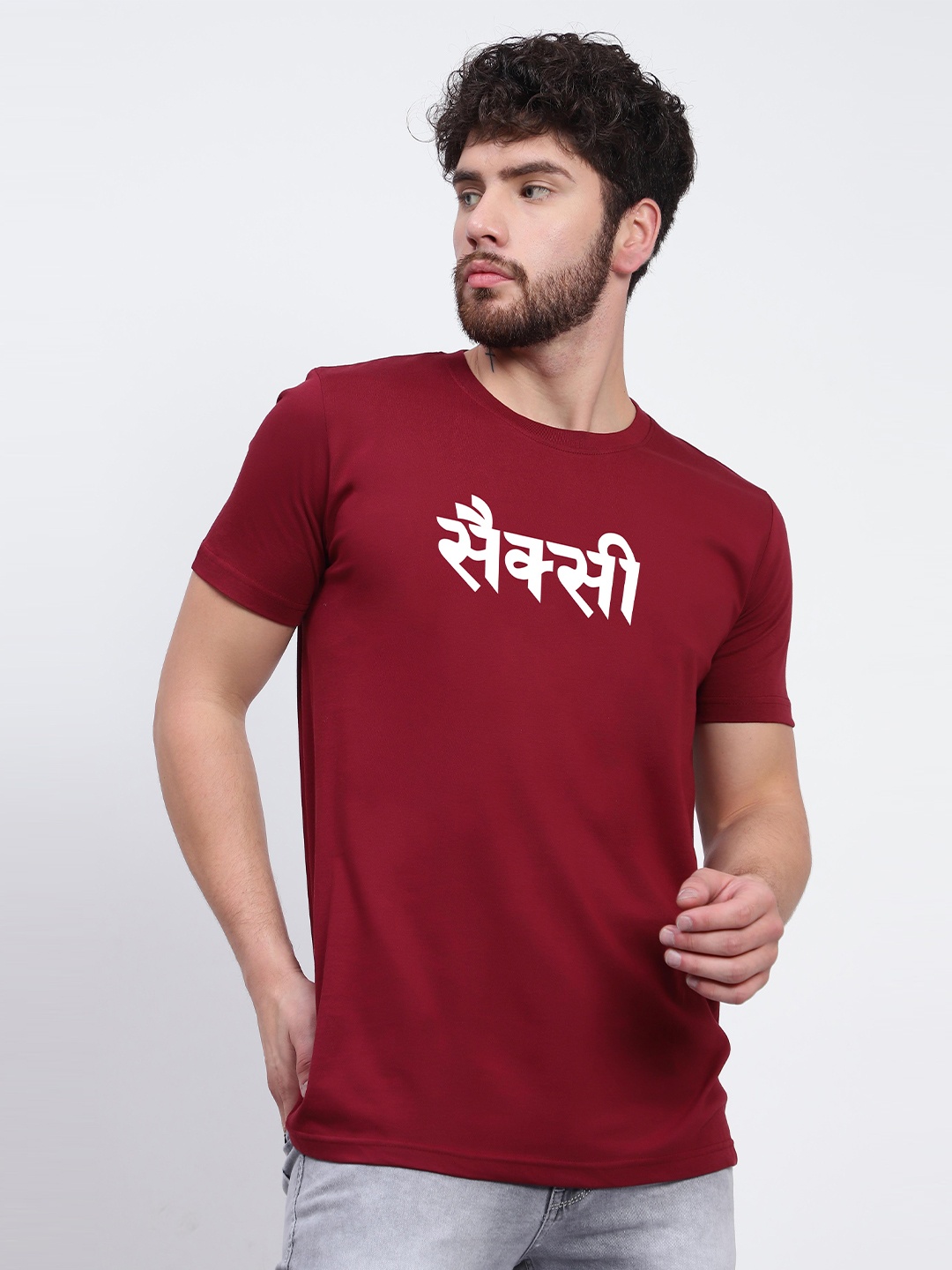 

T-SHIRT TRUCK Typography Printed Knitted Cotton T-Shirt, Maroon