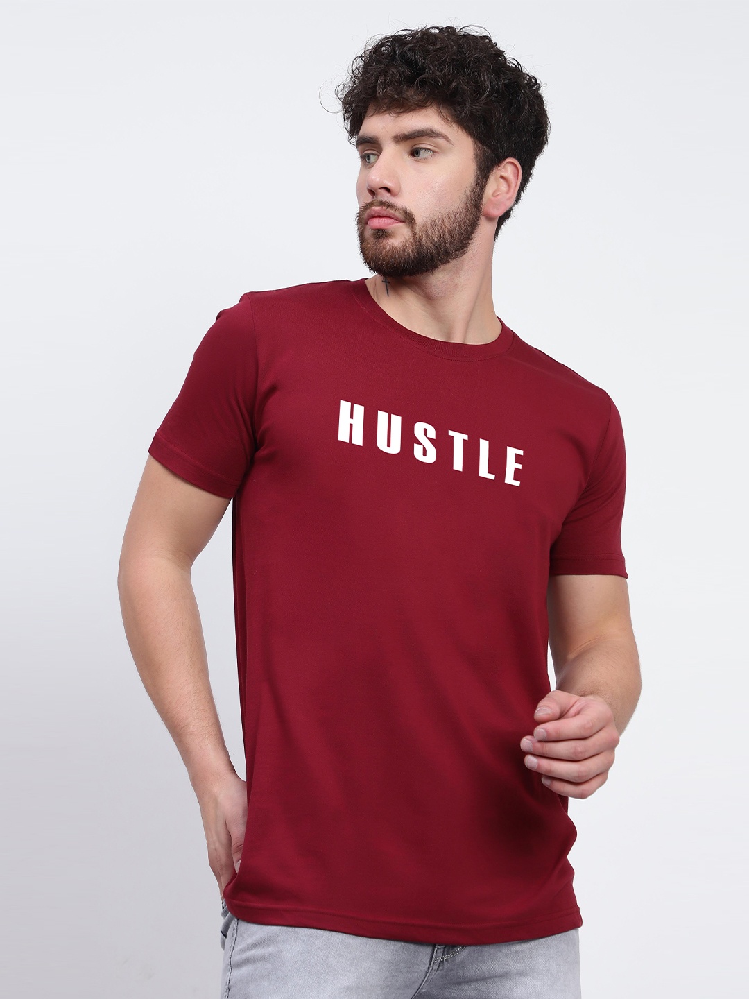 T-SHIRT TRUCK Typography Printed Round Neck Cotton T-shirt, Maroon