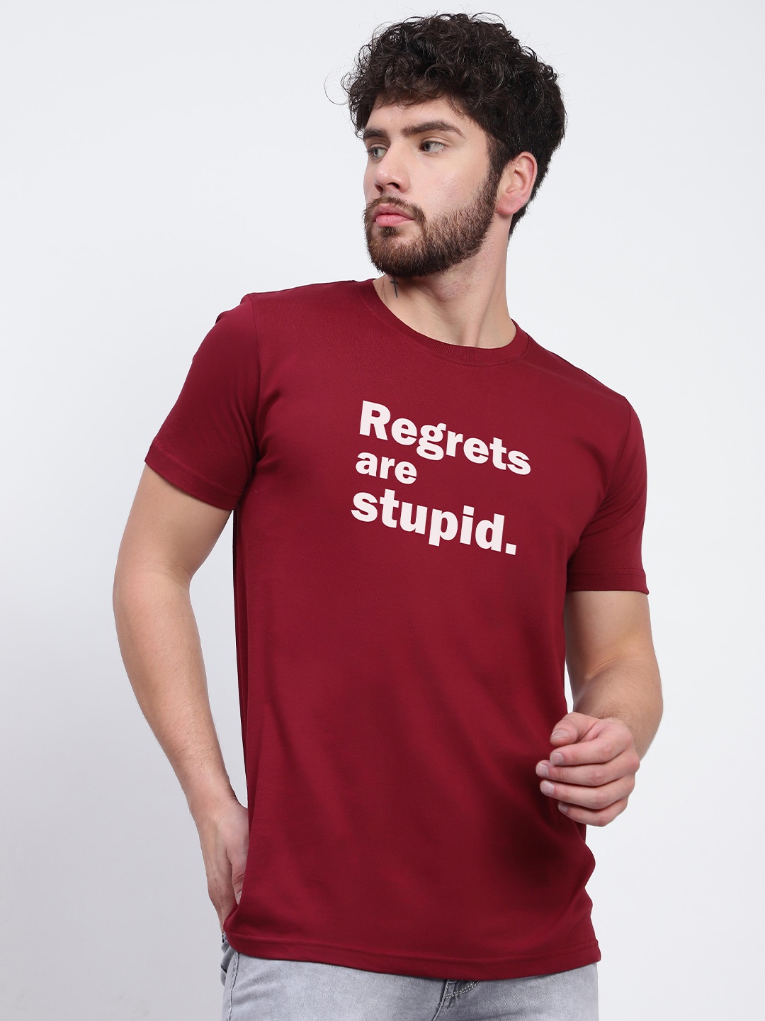 

T-SHIRT TRUCK Typography Printed Cotton Casual T-shirt, Maroon