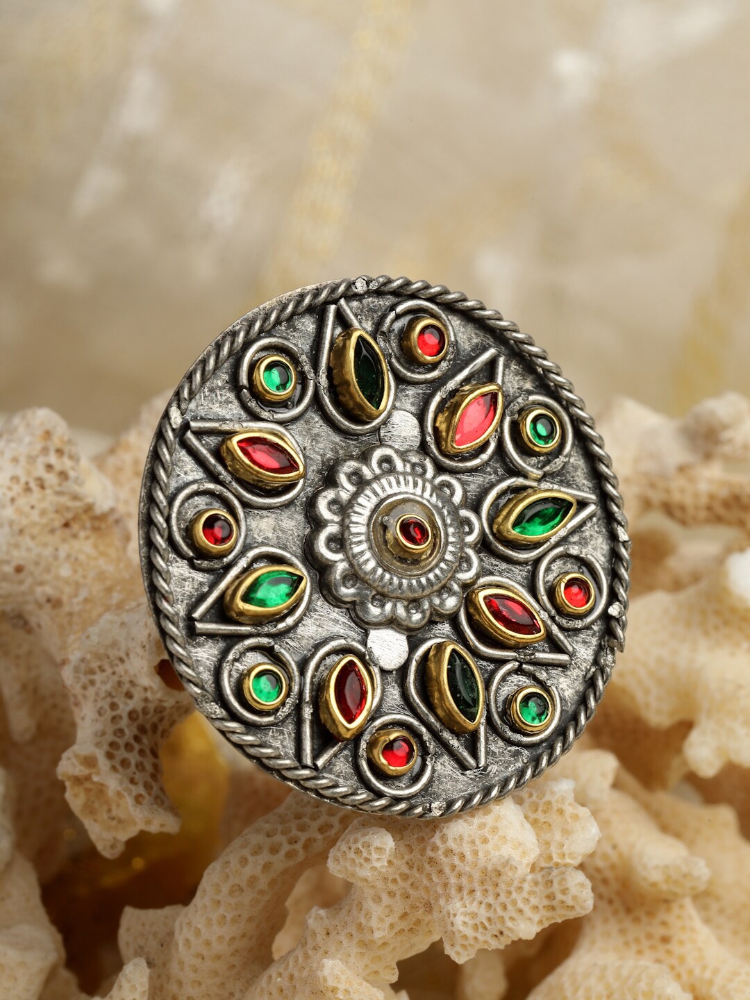 

Moedbuille Silver-Plated Crystals-Studded Antique Oxidised Finger Ring