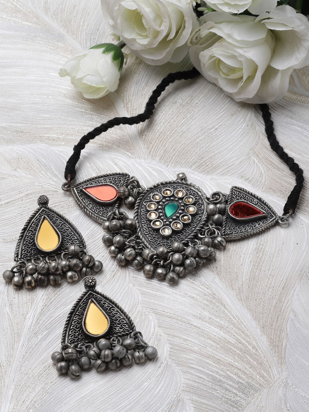 

Moedbuille Silver-Plated Mirrors-Studded Oxidised Antique Jewellery Set, Metallic