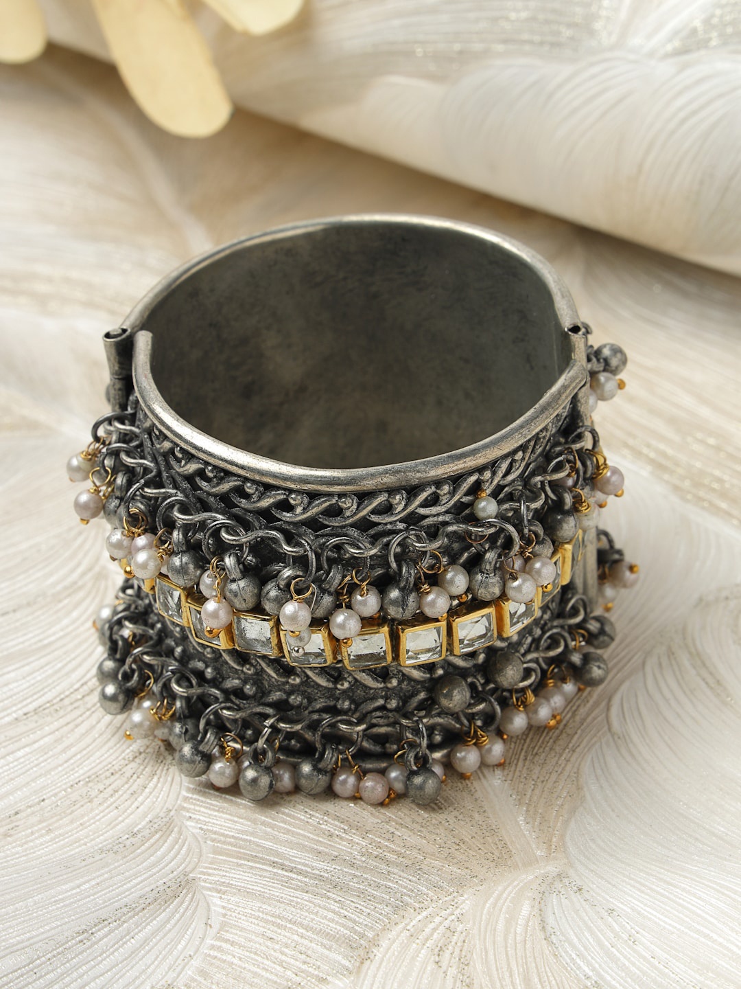 

Moedbuille Silver-Plated Kundan Tribal Oxidised Antique Cuff Bracelet, Metallic