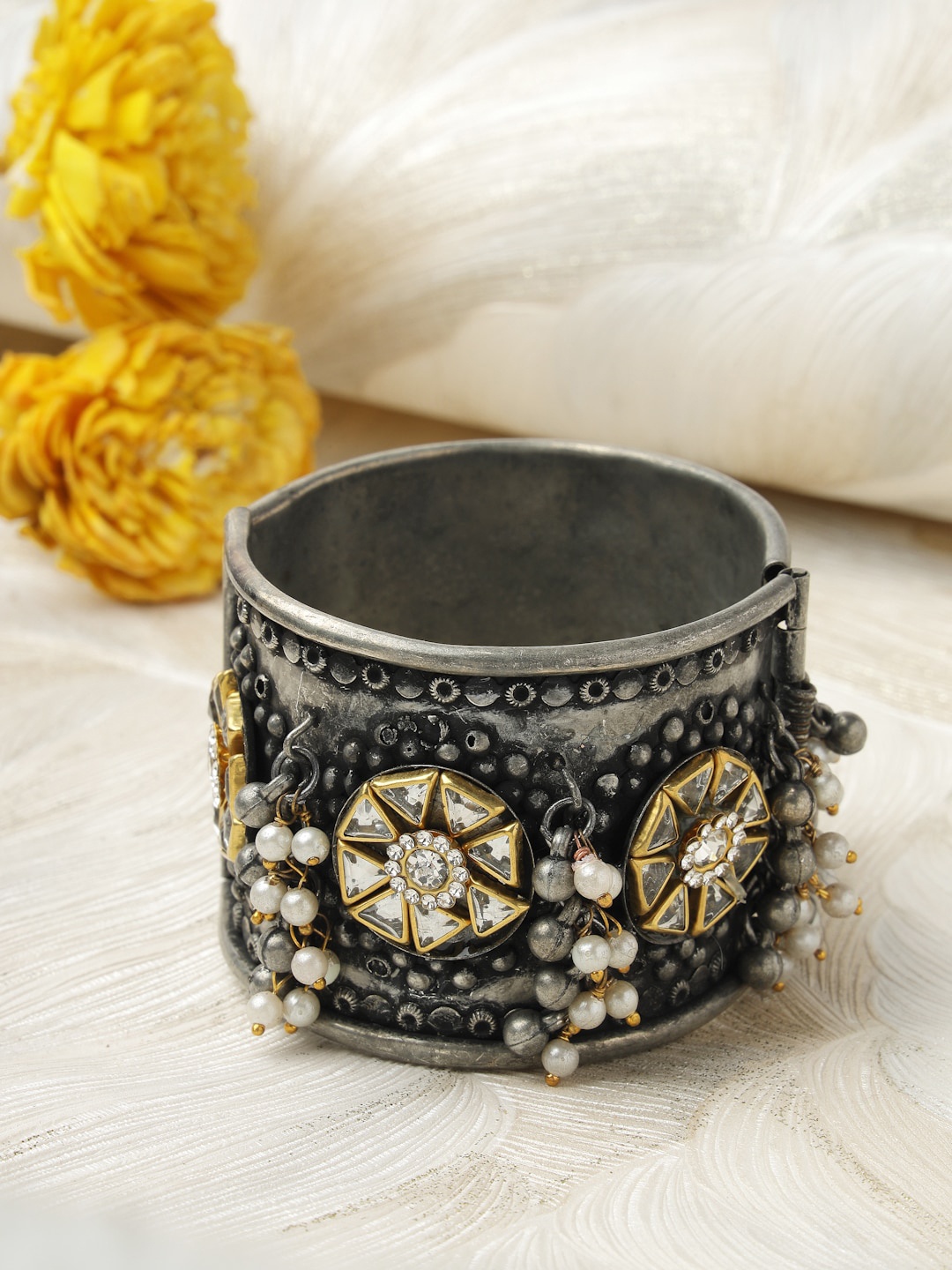 

Moedbuille Silver-Plated Kundan Tribal Oxidised Antique Cuff Bracelet