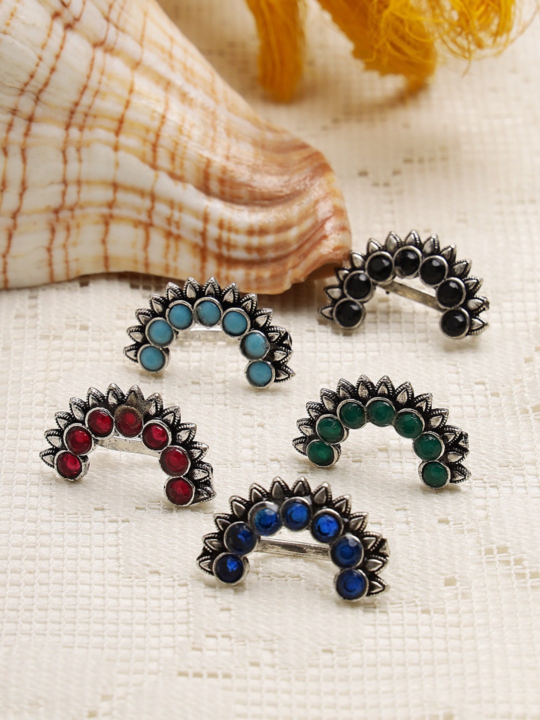 

Moedbuille Set Of 5 Silver-Plated Crystal Studded Oxidised Nosepins
