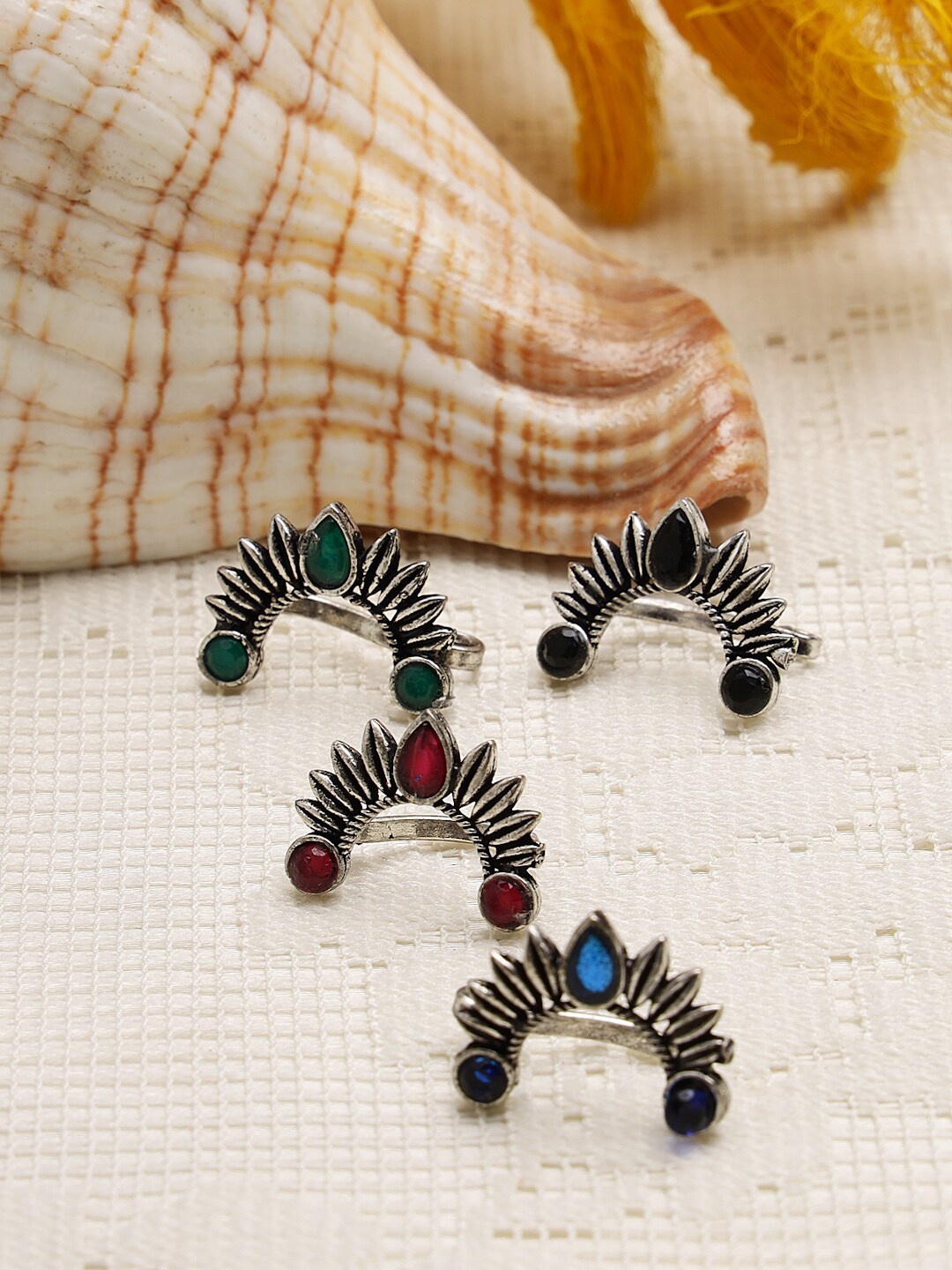 

Moedbuille Set Of 4 Silver-Plated Crystal-Studded Clip-On Oxidised Nosepin