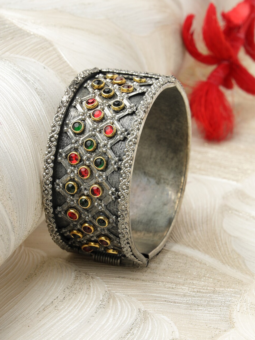 

Moedbuille Silver-Plated Crystal Studded Oxidised Cuff Bracelet, Metallic