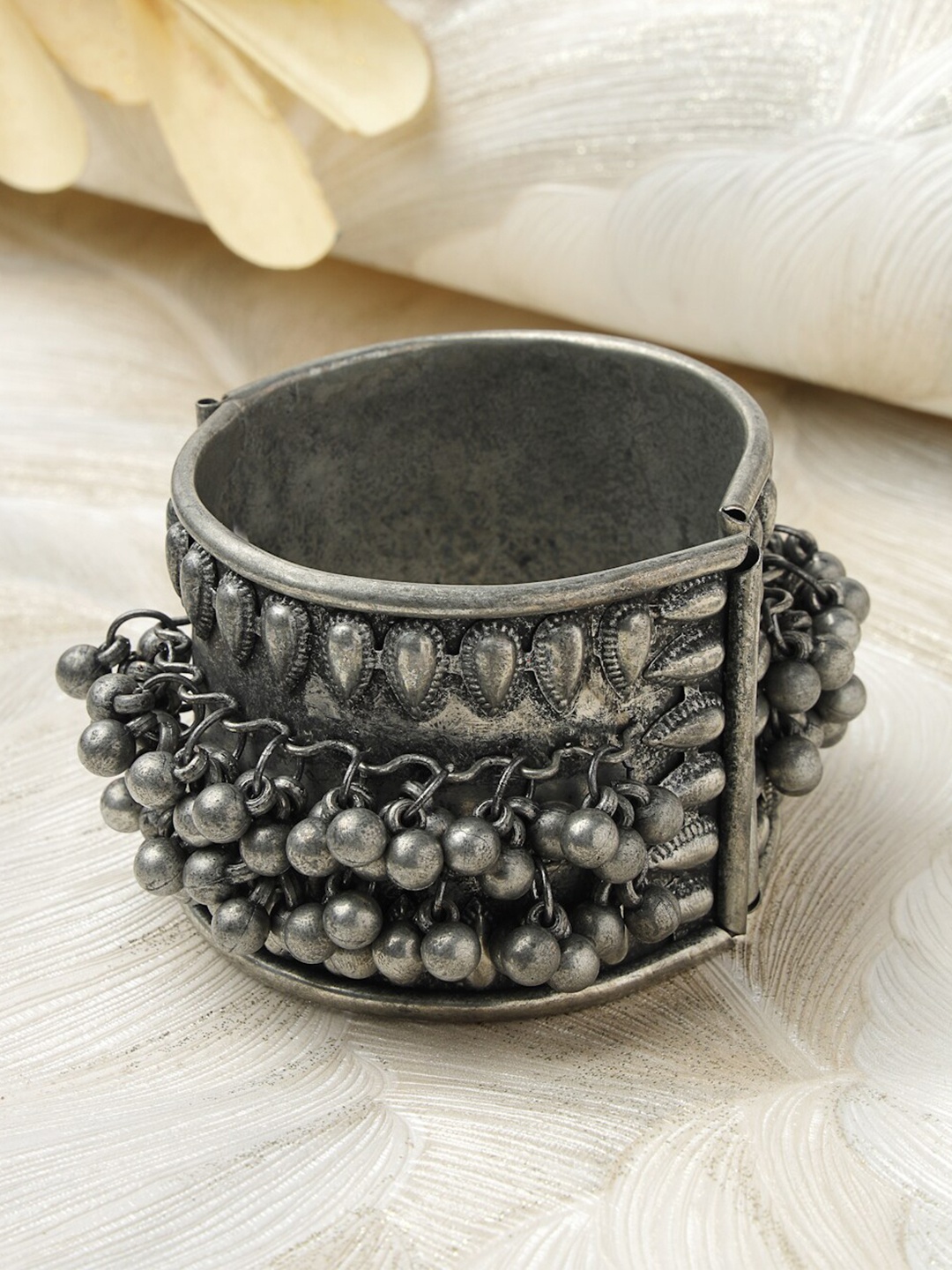 

Moedbuille Silver-Plated Tribal Oxidised Antique Bangle-Style Bracelet