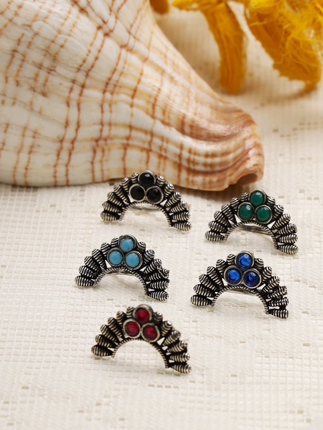 

Moedbuille Set Of 5 Oxidised Silver Plated Crystals-Studded Nosepins