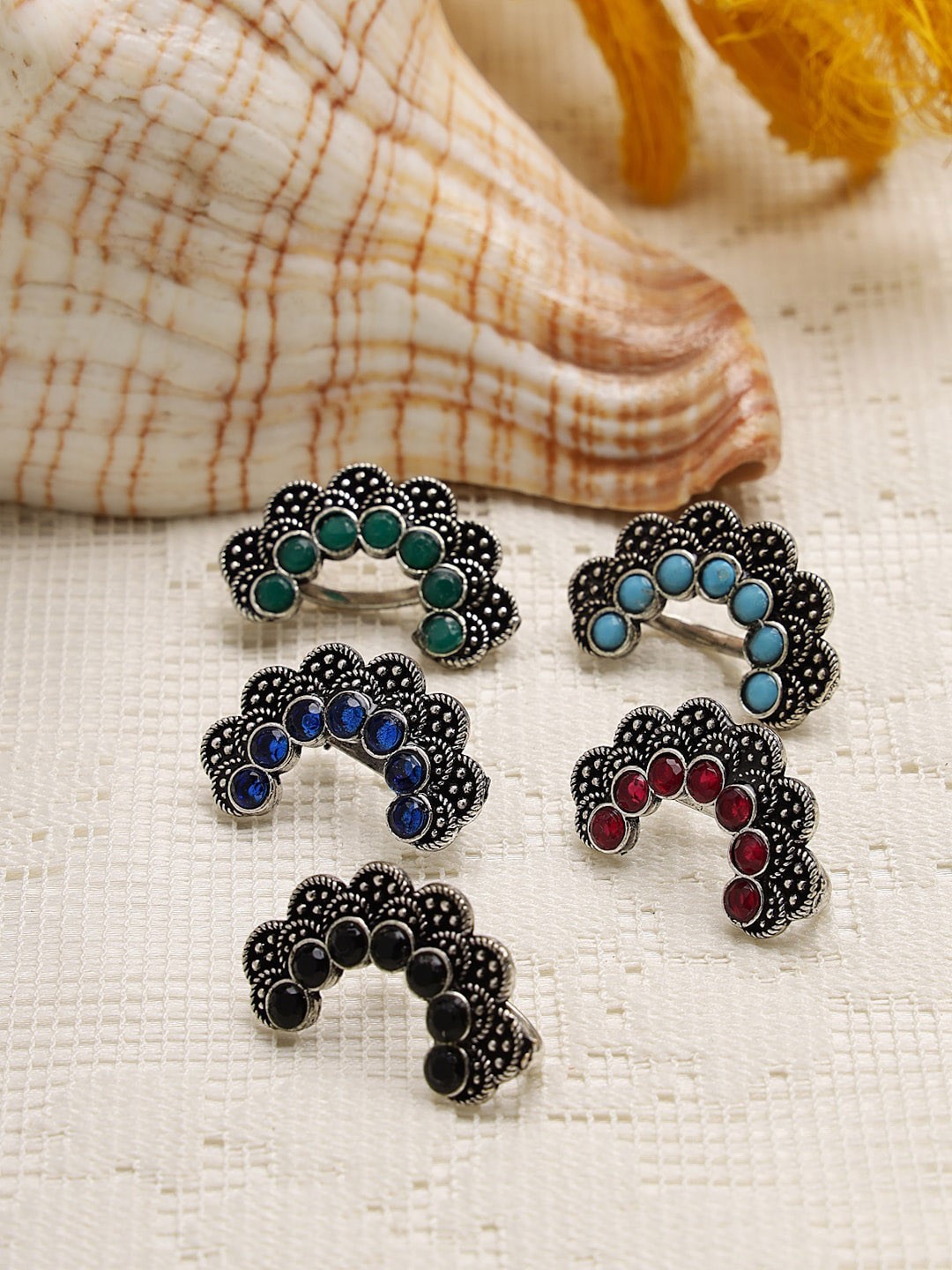 

Moedbuille Set Of 5 Silver-Plated Crystals Studded Oxidised Nosepins