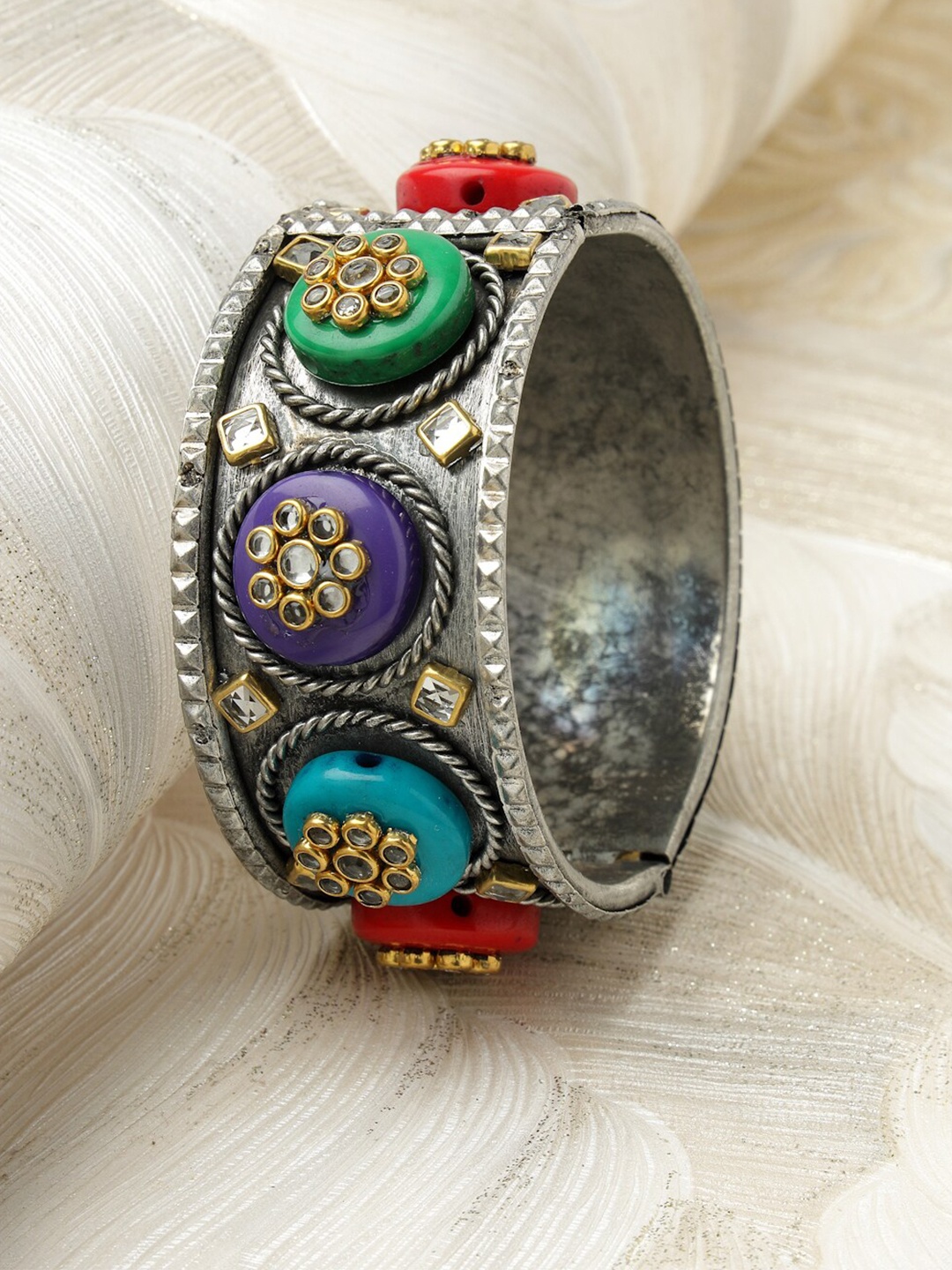 

Moedbuille Silver-Plated Crystals Studded Enamelled Cuff Bracelet