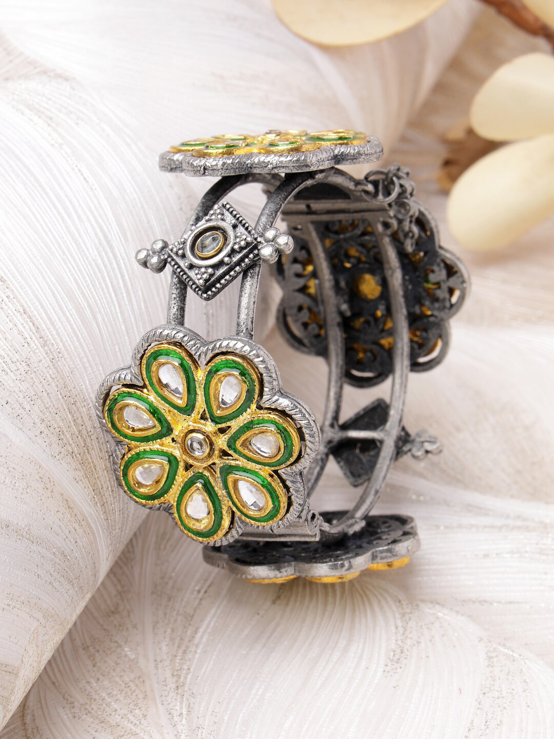 

Moedbuille Silver-Plated Kundan Studded Meenakari Bangle-Style Bracelet