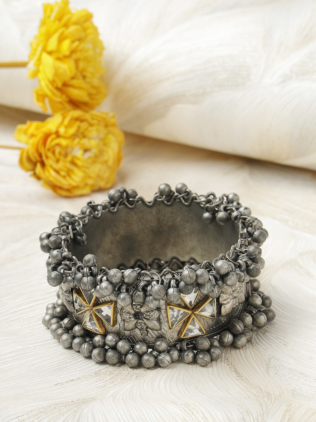 

Moedbuille Kundan Tribal Silver-Plated Cuff Bracelet, Metallic
