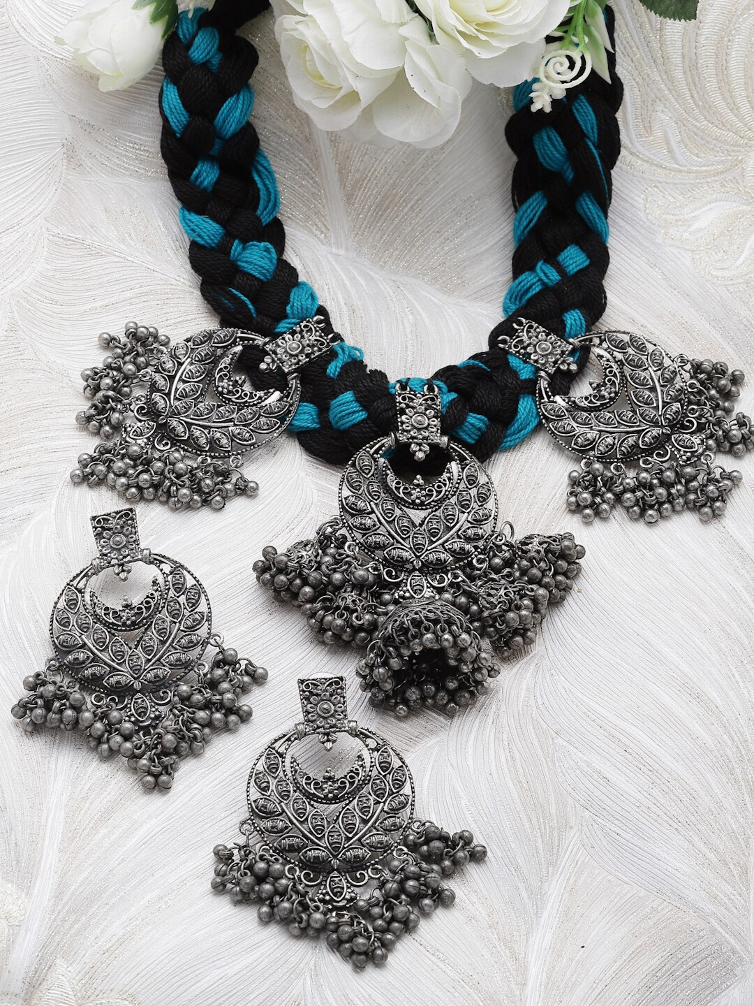 

Moedbuille Silver-Plated & Beaded Oxidised Jewellery Set
