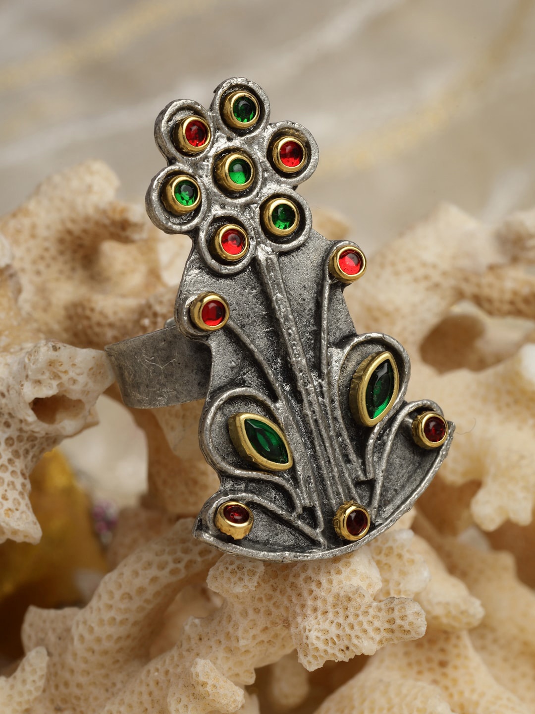 

Moedbuille Silver-Plated Crystal-Studded Antique Tribal Design Oxidised Finger Ring