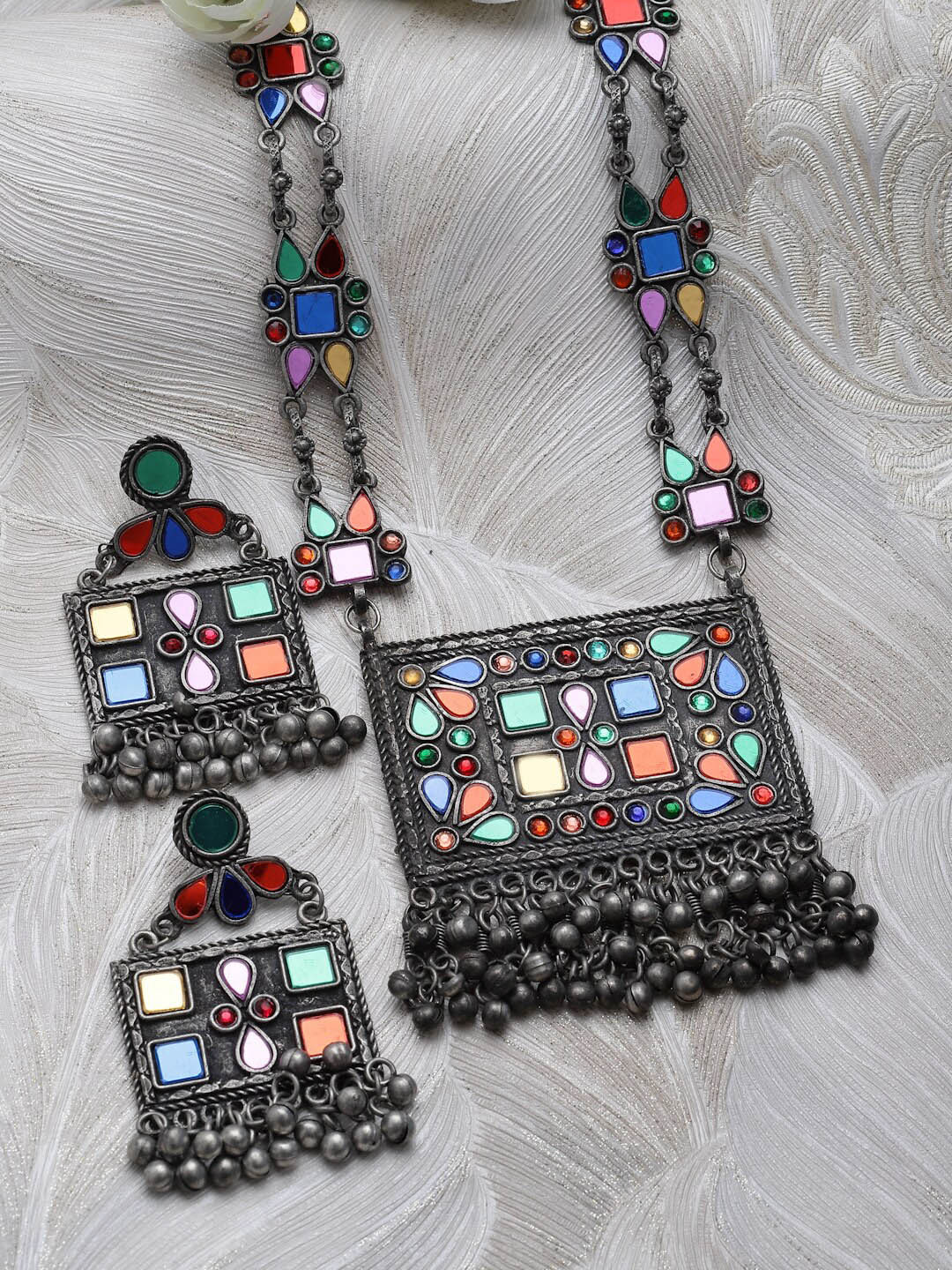 

Moedbuille Silver-Plated Crystal-Studded & Beaded Tribal Oxidised Jewellery Set