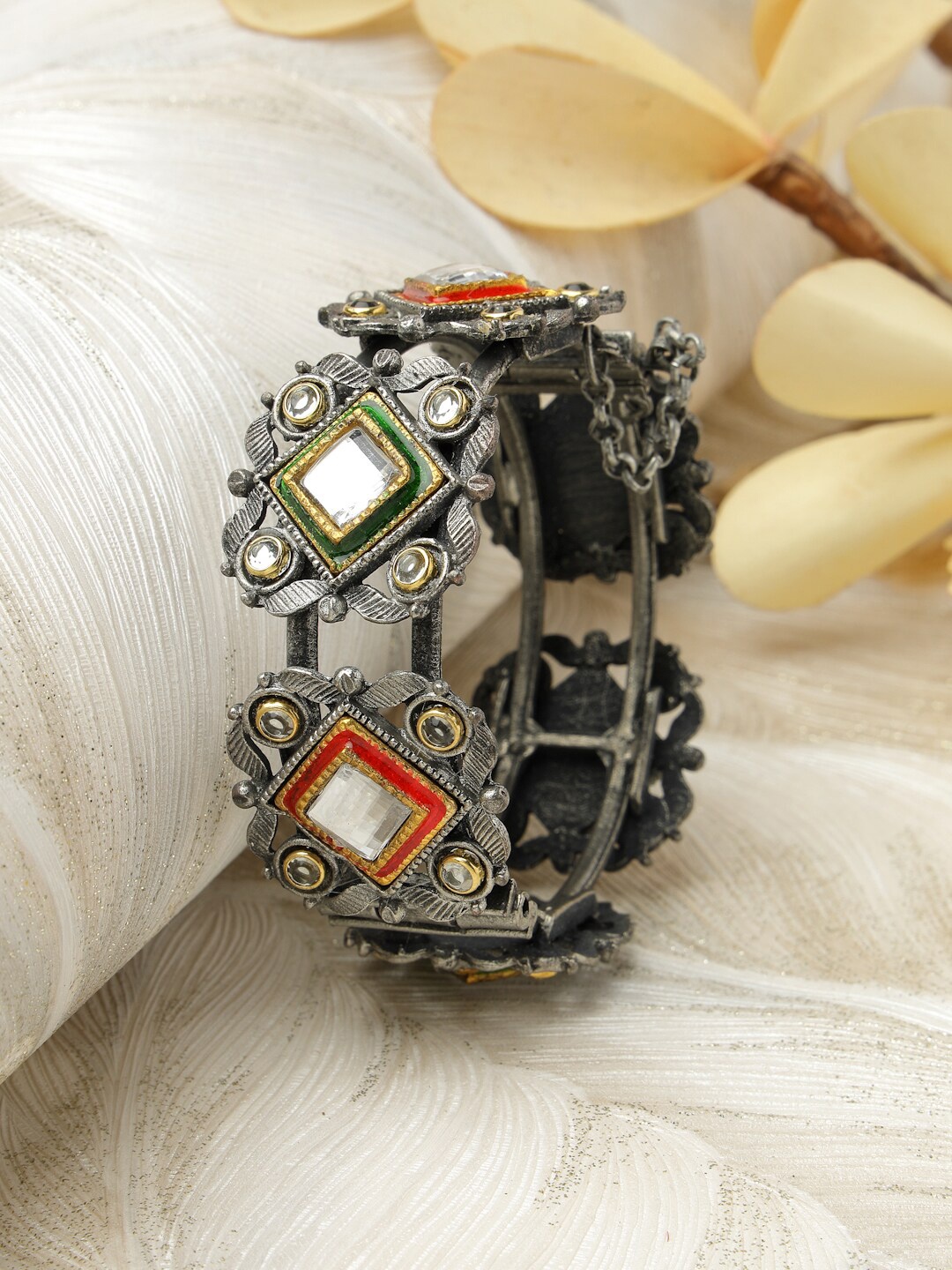 

Moedbuille Silver-Plated Kundan Meenakari Bangle-Style Bracelet, Metallic