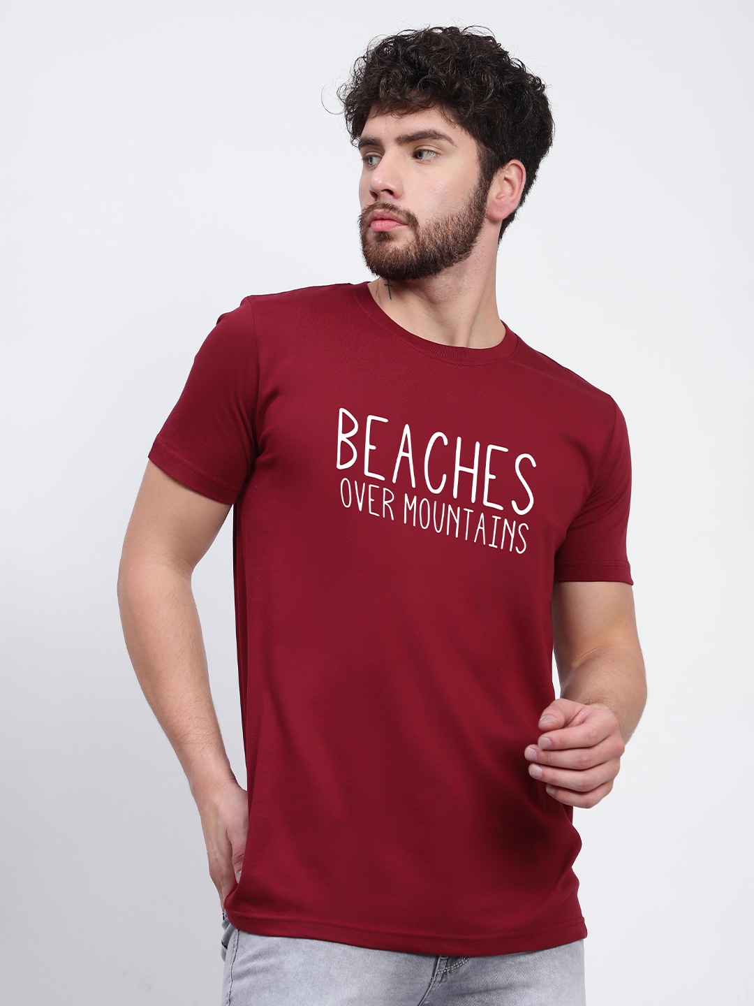 T-SHIRT TRUCK Typography Printed Cotton T-shirt, Maroon