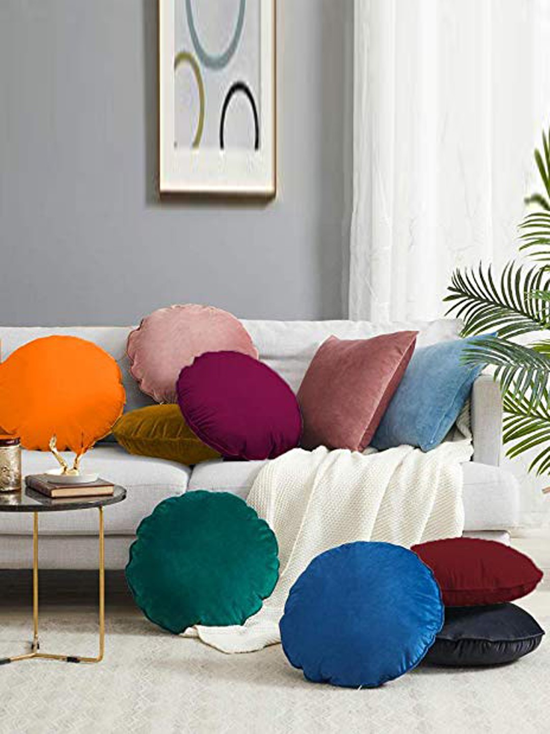 

CHRONEX Grey 2 Pieces Round Velvet Decorative Cushion Cover Throw