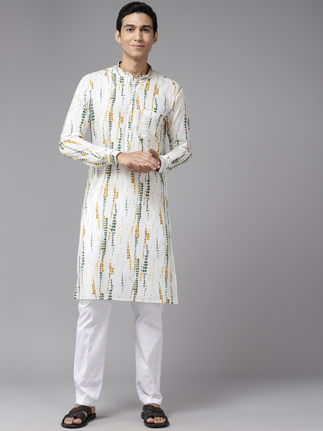 

See Designs Men Printed Mandarin Collar Pure Cotton Kurta with Pyjamas, White