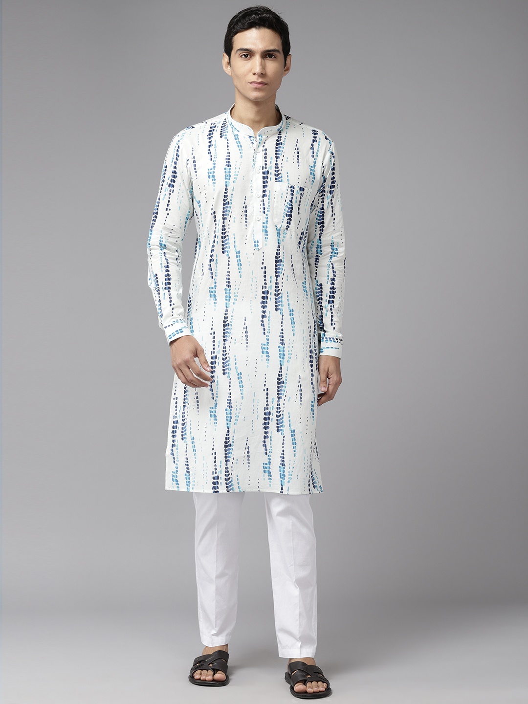 

See Designs Men White Printed Mandarin Collar Pure Cotton Kurta with Pyjamas