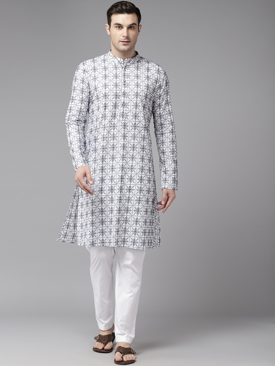 

See Designs Men Ethnic Motifs Embroidered Thread Work Pure Cotton Kurta with Pyjamas, Off white