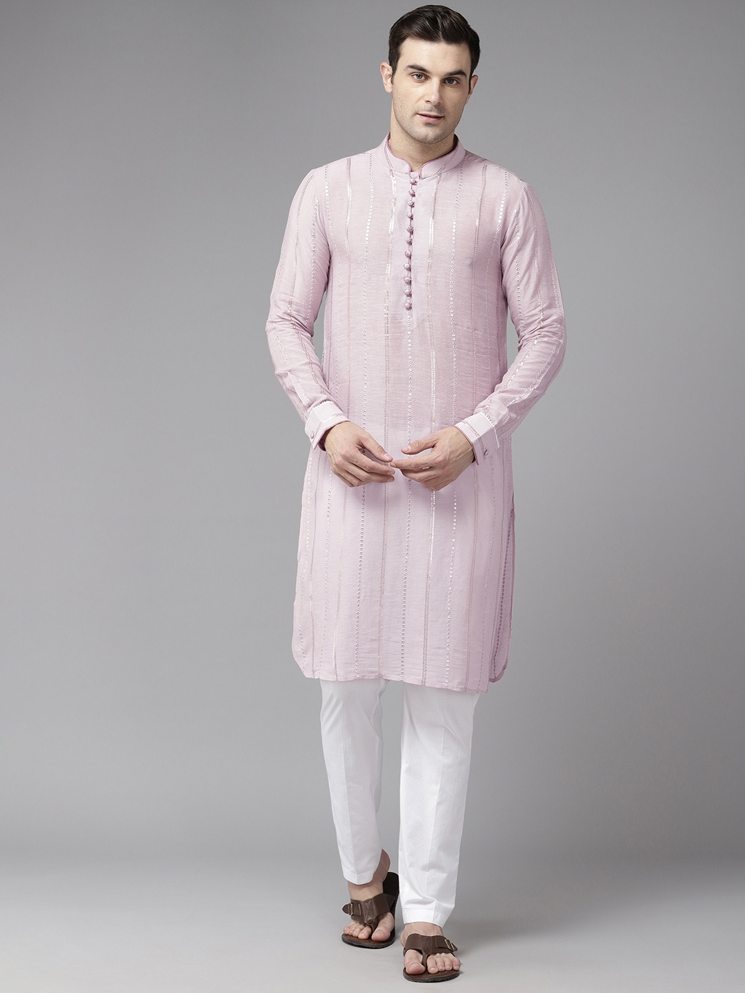 

See Designs Men Floral Embroidered Mandarin Collar Sequinned Kurta with Pyjamas, Pink