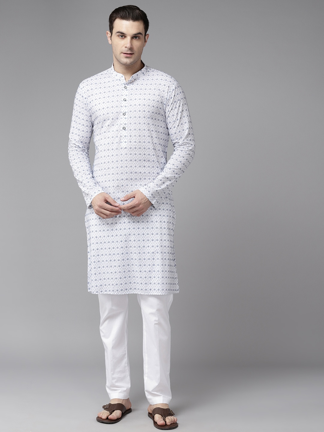 

See Designs Men Embroidered Thread Work Pure Cotton Kurta with Pyjamas, White