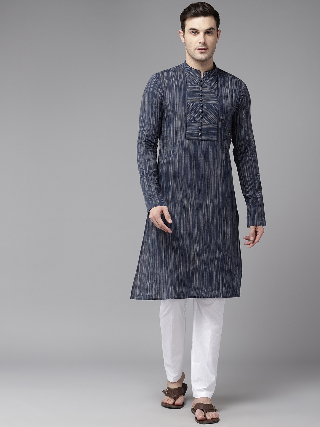 

See Designs Men Woven Design Pure Cotton Kurta with Pyjamas, Navy blue