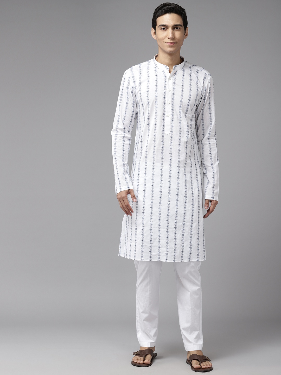 

See Designs Men Floral Embroidered Pure Cotton Kurta with Pyjamas, White