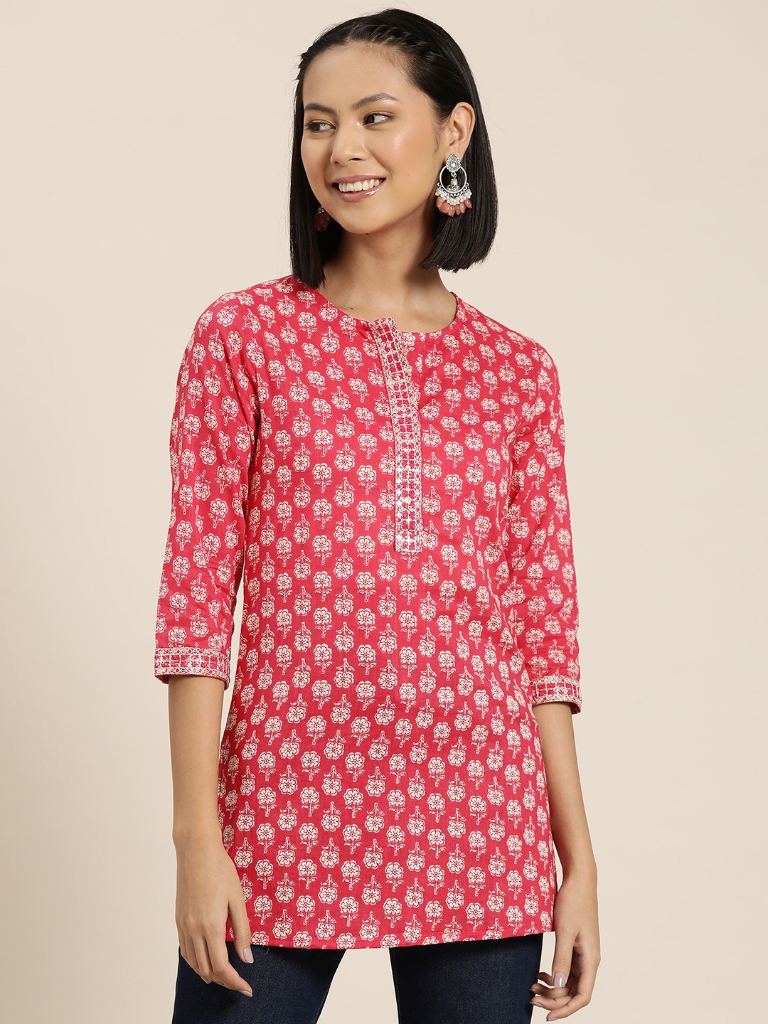 

HERE&NOW Floral Printed Sequinned Pure Cotton Kurti, Pink