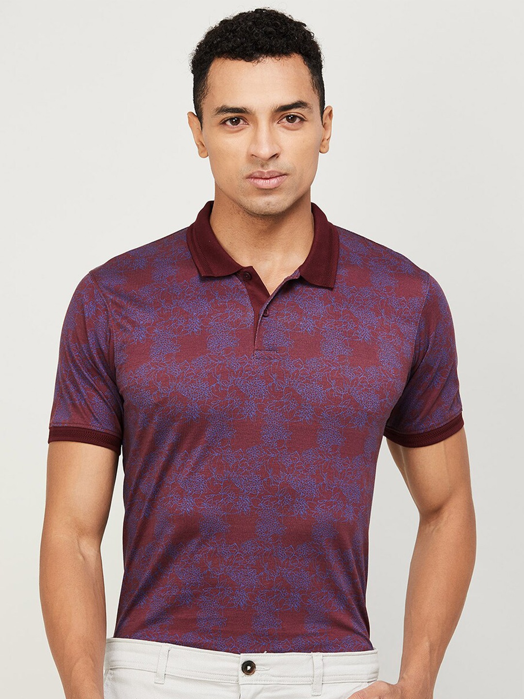 

CODE by Lifestyle Floral Printed Polo Collar Cotton Regular T-shirt, Maroon