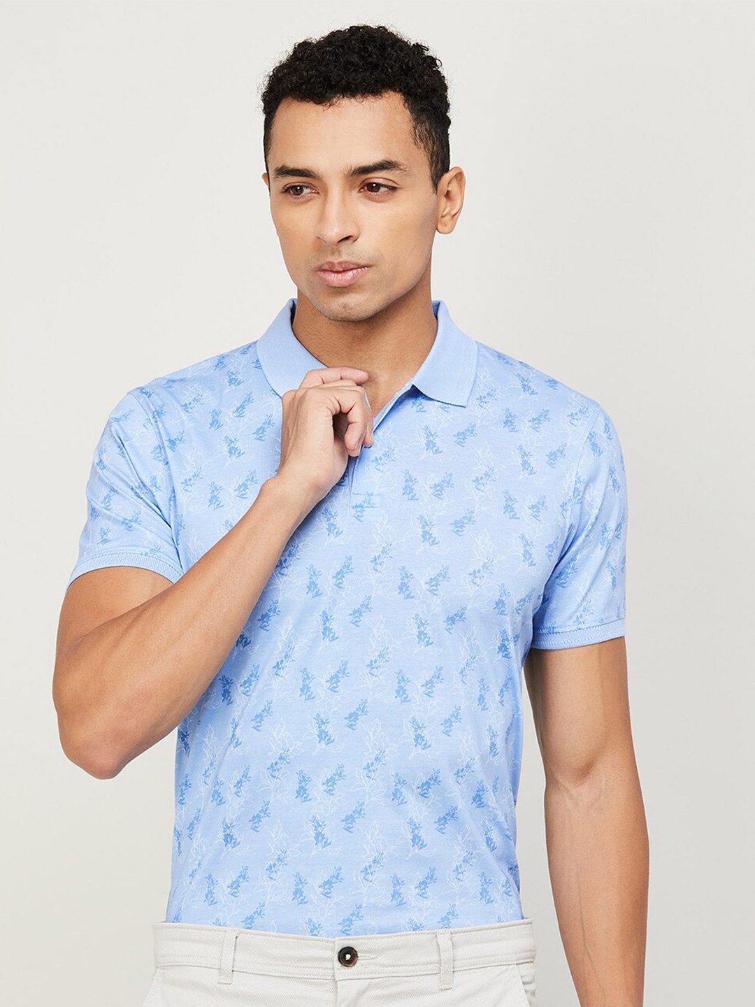 

CODE by Lifestyle Floral Printed Polo Collar Cotton Regular T-shirt, Blue