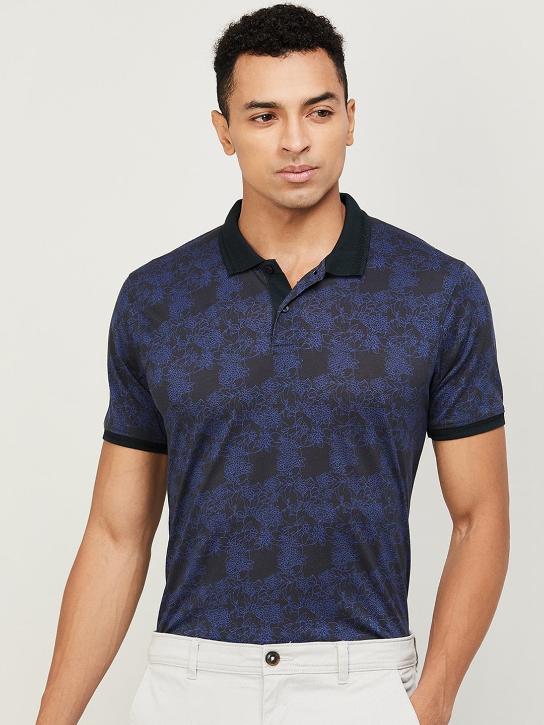 

CODE by Lifestyle Floral Printed Polo Collar Cotton Regular T-shirt, Black