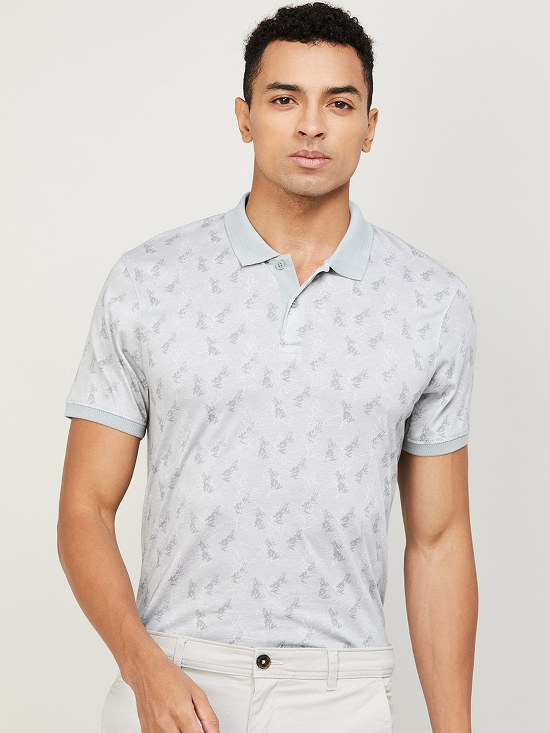 

CODE by Lifestyle Floral Printed Polo Collar Cotton Regular T-shirt, Grey