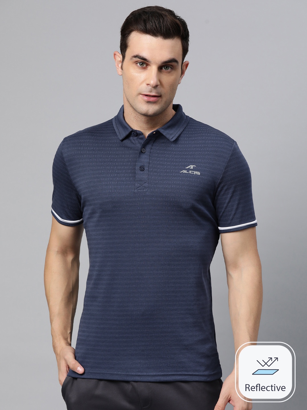 

Alcis Men Striped Polo Collar Anti Static Slim Fit T-shirt, Navy blue
