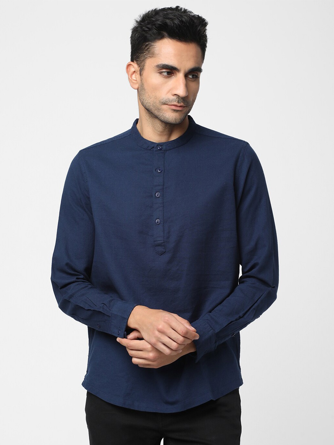 

R&B Cotton Mandarin Collar Opaque Casual Shirt, Blue