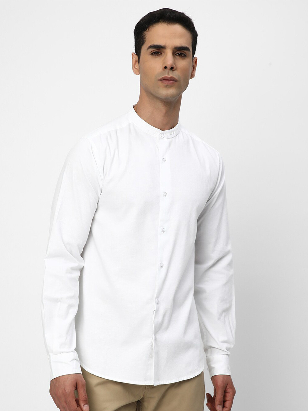 

R&B Mandarin Collar Cotton Casual Shirt, White