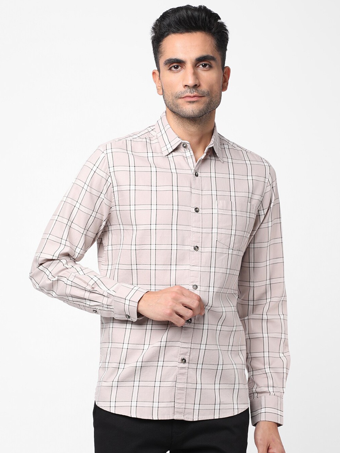 

R&B Tartan Checked Cotton Casual Shirt, Beige
