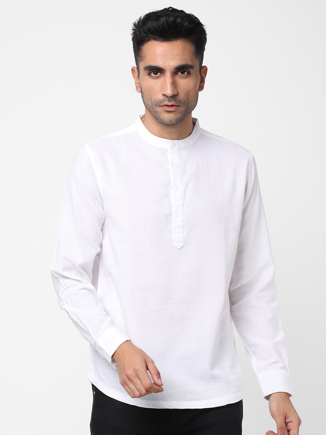 

R&B Mandarin Collar Cotton Casual Shirt, White